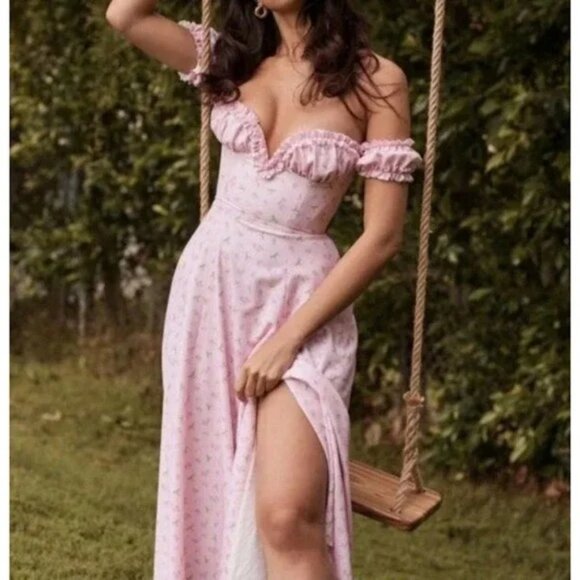 House of CB Dresses & Skirts - House of CB Pink Off-Shoulder Ruffled Midi Dress